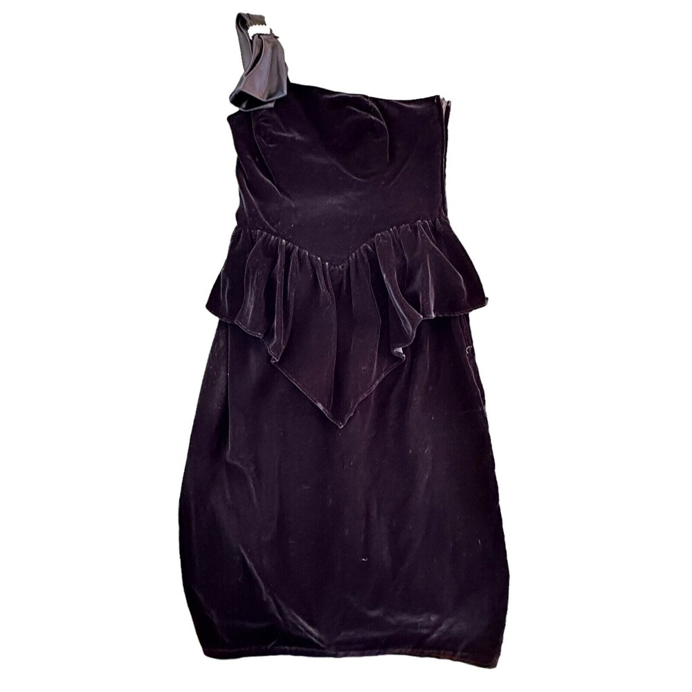 VINTAGE 1980s CONTEMPO Casuals Black Velvet Rhinestone Bows 1 Shoulder Dress 5/6